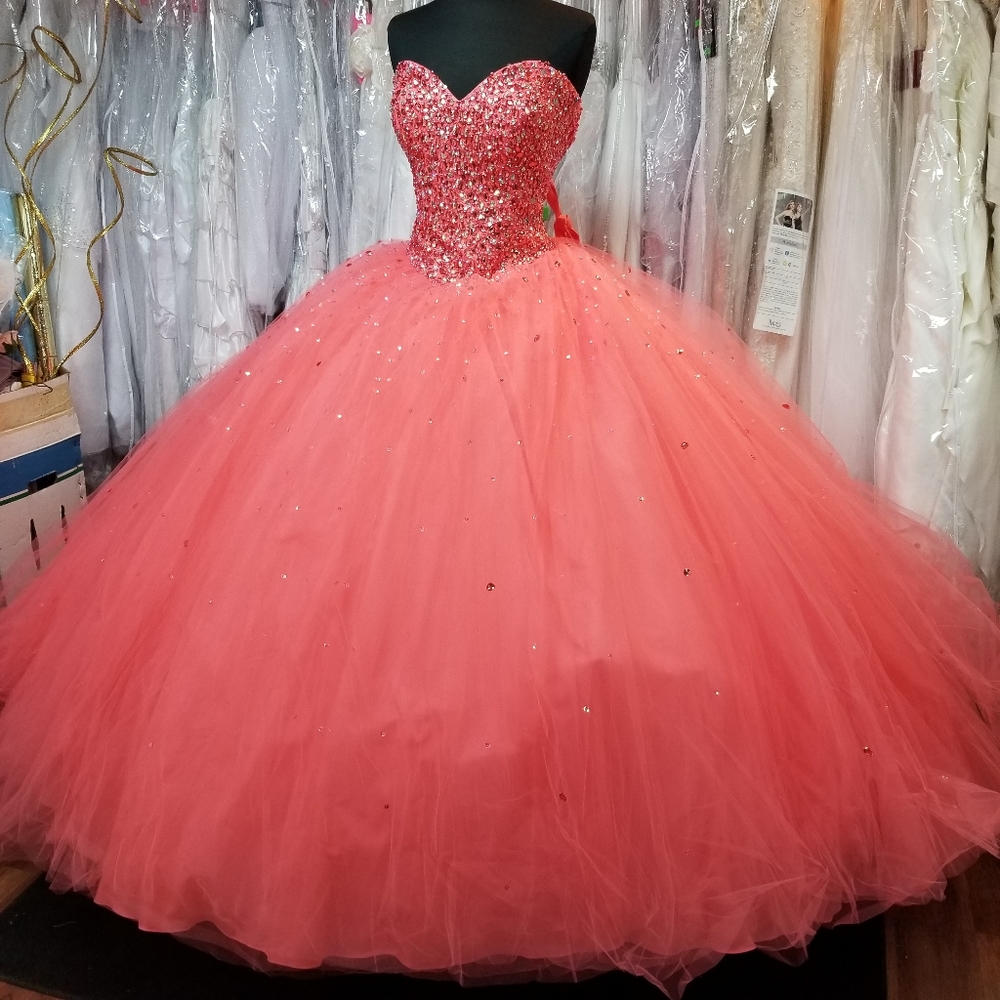 SOLD Mori Lee Coral Quinceanera Dress - Picture 1 of 8